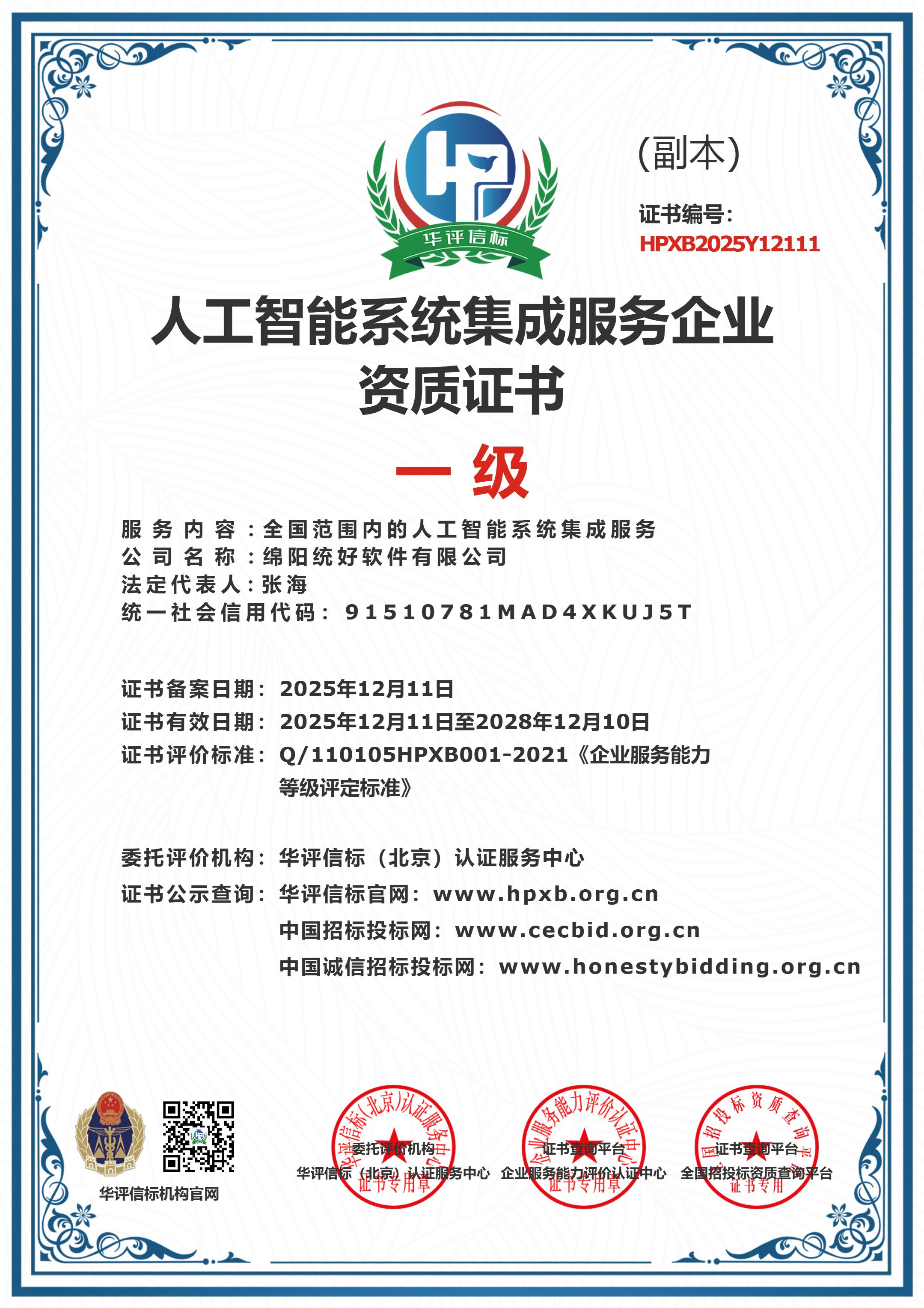 人工智能系统集成服务企业资质证书