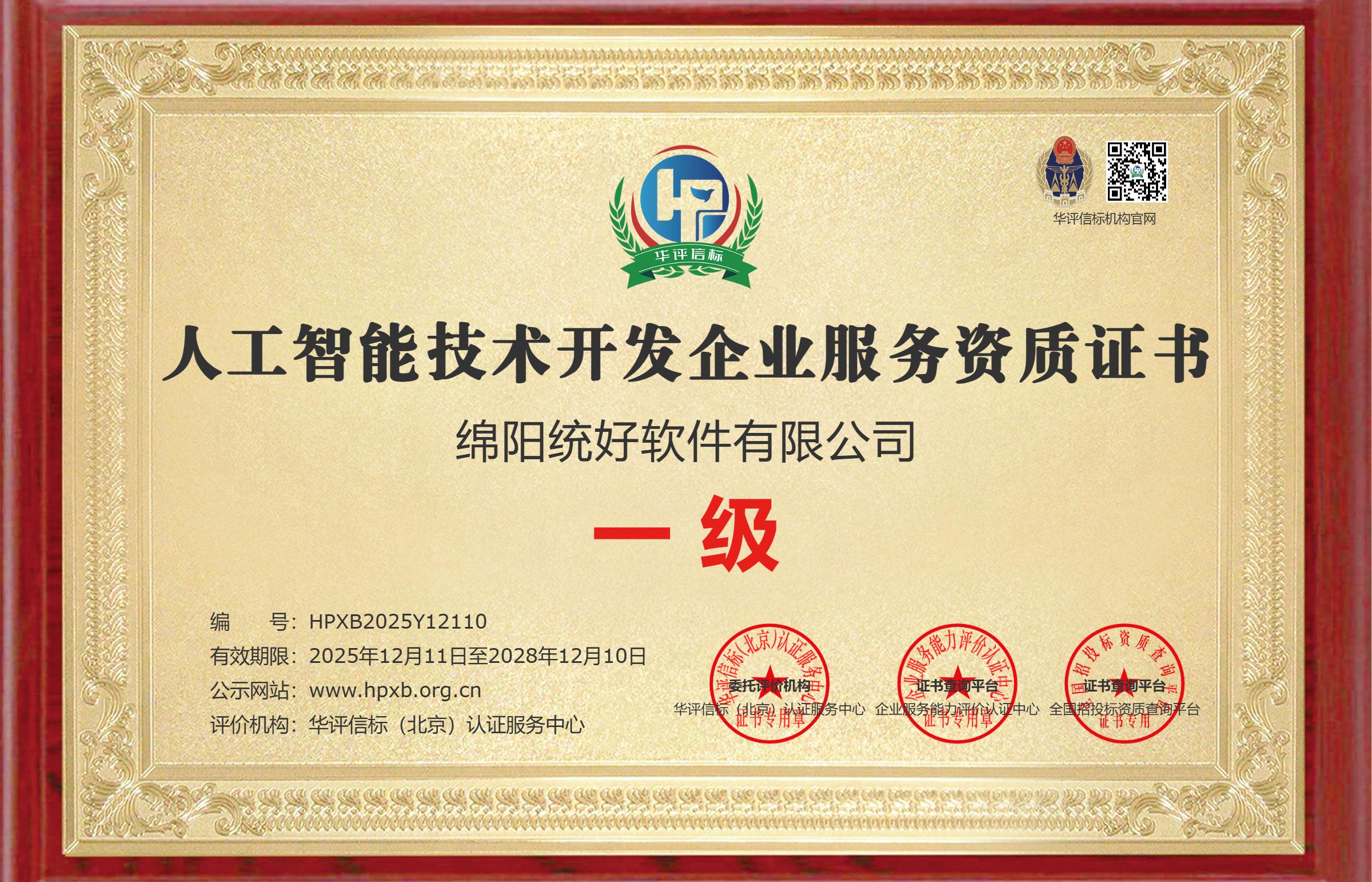 人工智能技术开发企业服务资质证书
